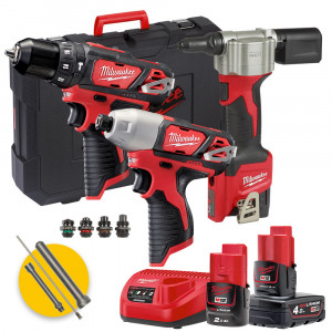 Milwaukee Kit utensili a batteria M12 - BPD Trapano avvitatore + BID Avvitatore ad impulsi + BPRT Rivettatrice 