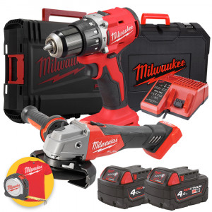 Milwaukee Kit 18V - Trapano avvitatore a percussione M18 BLPDRC - Smerigliatrice angolare M18 FSAG125 - 2 x 4Ah