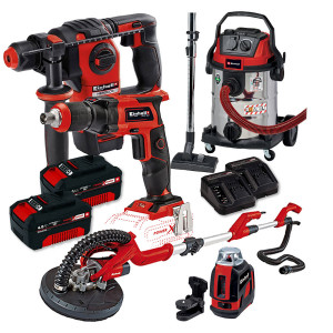 Einhell Kit utensili per cartongesso - Avvitatore 18V + Tassellatore 18V + Aspiratore + Levigatrice per muro