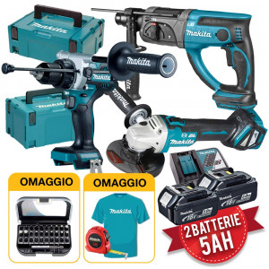 Makita kit utensili 18V - Trapano DHP486, Smerigliatrice DGA513, Tassellatore DHR220, 2 batterie 5Ah 