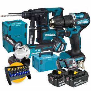 Makita kit utensili a batteria 18V - Trapano DHP485, Smerigliatrice DGA513, Tassellatore DHR171, 2 batterie 5Ah, 3 valigette