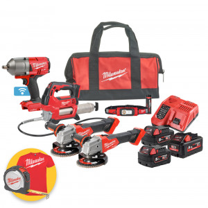 Milwaukee M18 FPP5N-554B - Kit utensili a batteria - 2 Smerigliatrici + Torcia + Ingrassatore + Avvitatore a impulsi