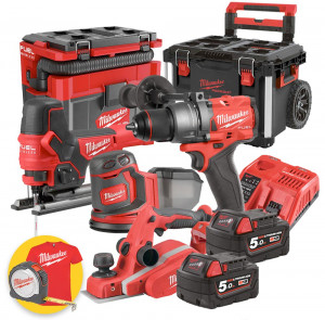 Milwaukee kit elettroutensili a batteria M18 - Seghetto FBJS - Trapano FPD2 - Pialla BP - Levigatrice BOS125 - Aspiratore e trolley Packout