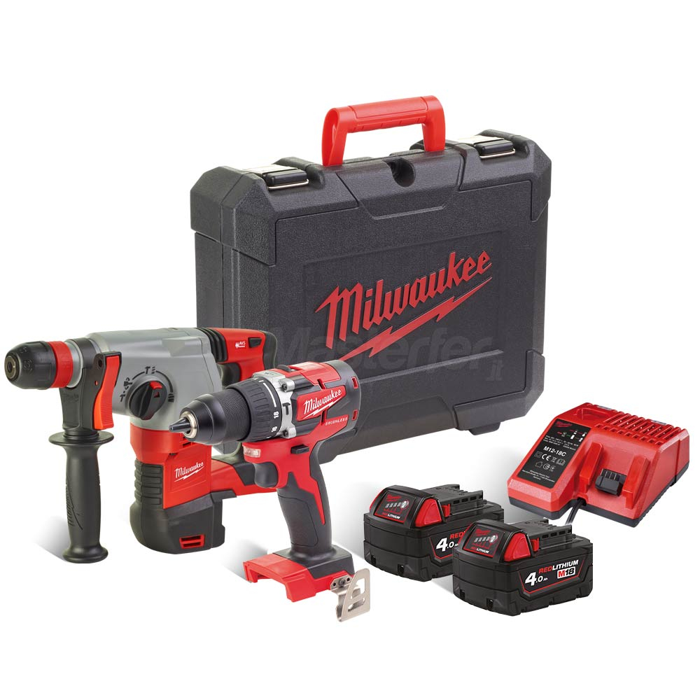 Milwaukee M18 PP2D-402C - Kit 18V Trapano con percussione + Tassellatore SDS-plus